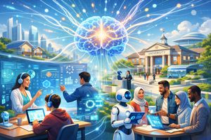 Futuristic scene of autonomous AI agents empowering education and daily life by 2026, featuring AI tutors, research assistants, and smart campus management.