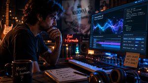 Producer in dark studio using AI software with traditional instruments in background