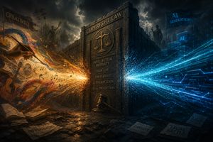 Abstract representation of human and AI creative pathways meeting a legal copyright barrier