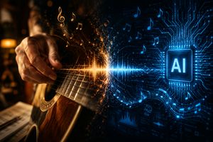 Human hand playing guitar merging with AI circuit board generating music notes