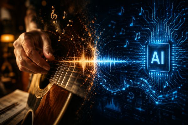 Human hand playing guitar merging with AI circuit board generating music notes