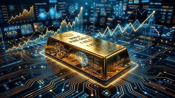 Gold bar reflecting AI circuit patterns, symbolizing gold's impact on AI markets in 2026