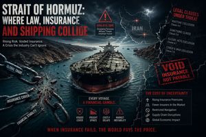 Tanker sailing through Strait of Hormuz with breaking insurance chains.