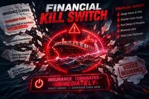 Legal clauses breaking around a digital ship, symbolizing insurance termination.