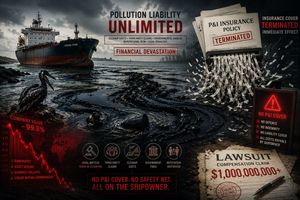 Oil spill from a tanker with shredded legal documents, representing uninsurable pollution liability.
