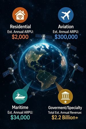 Infographic showing Starlink's diverse revenue streams from residential, maritime, aviation, and government sectors.
