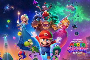 Movie poster for Super Mario Galaxy film with Mario and friends in space, hinting at cosmic adventure.