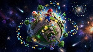 Mario running on a spherical planet showcasing the film's innovative 'spherical gravity' animation.
