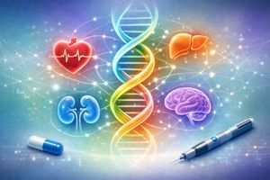 Abstract illustration of GLP-1s driving multi-organ health, with intertwined DNA, heart, kidney, liver, and brain icons.
