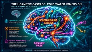 Abstract brain image showing activated neural pathways and neurotransmitter release during cold exposure.