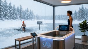 Modern automated cold plunge tub with digital interface in a home setting.