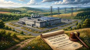 Large data center in rural landscape with legislative document overlay, symbolizing regulatory challenges.