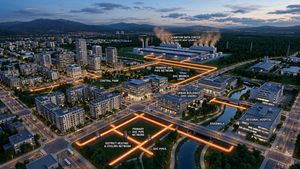 Aerial view of urban district heating system connected to a data center's waste heat.