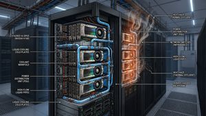 Internal view of an AI data center rack with GPUs and liquid cooling, emphasizing heat output.