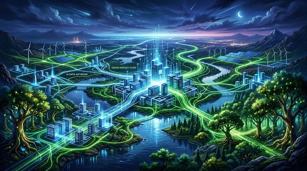 Abstract depiction of AI data center infrastructure connected to power grids and natural elements.