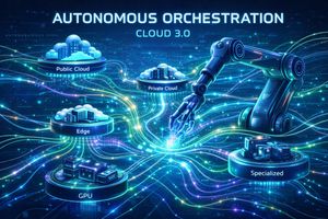 Abstract representation of autonomous AI agents orchestrating hybrid cloud resources.