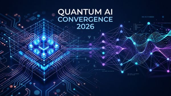 Abstract representation of quantum AI convergence with glowing qubits and neural network nodes, symbolizing the future of computing.