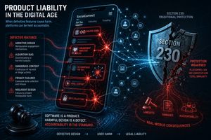 Abstract visualization of software as a product with highlighted defects, and a cracked Section 230 shield, illustrating product liability.