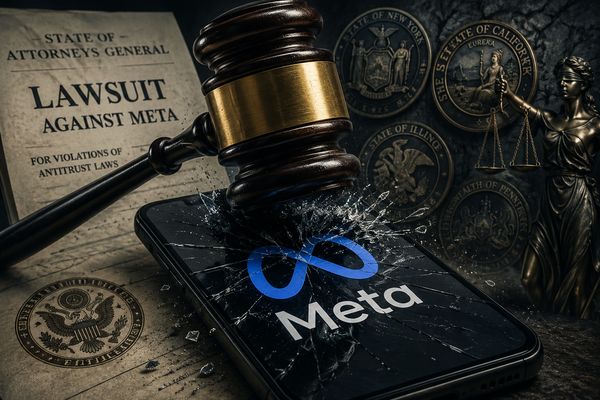 Legal gavel striking a cracked smartphone with Meta logo, symbolizing lawsuit against tech giants.
