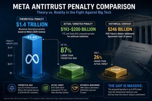 Infographic comparing Meta's $1.4 trillion theoretical penalty to the $193-$200 billion target, juxtaposed with the 1998 Tobacco Settlement.