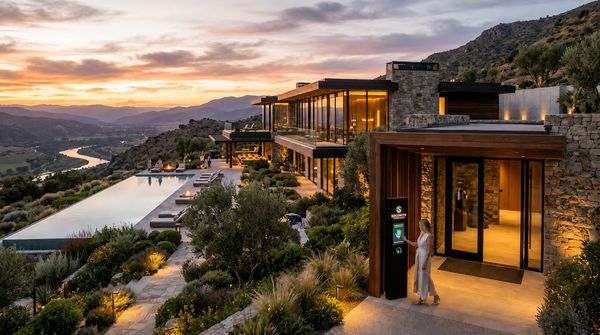 Exterior of a luxurious, modern private wellness club with an infinity pool and serene views at sunset, symbolizing elite health retreats.