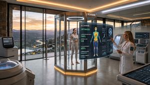 A person undergoing a 'SCANME' diagnostic test in a high-tech wellness lab, with a doctor analyzing digital health parameters on a screen, representing precision longevity.