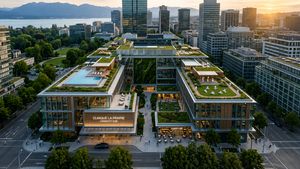 Aerial view of an urban Clinique La Prairie 'Longevity Hub' with modern architecture and green spaces, illustrating integrated wellness in city environments.