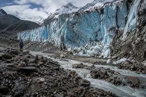 Rapidly receding Himalayan glacier with exposed moraine debris and meltwater.