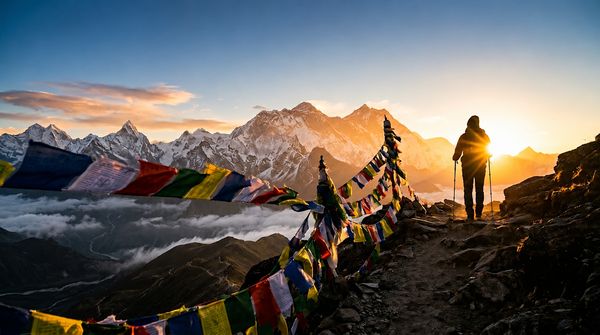 Sunrise over the Himalayan peaks with colorful prayer flags and a lone trekker, symbolizing Nepal travel in 2026.