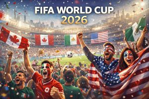 Ecstatic fans celebrating a goal at the FIFA World Cup 2026 in a North American stadium, with flags of Canada, Mexico, and USA.