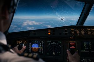 Cockpit windshield with crack from space debris, highlighting kinetic threat.