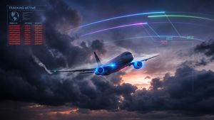 Commercial airplane flying with space debris trails, symbolizing air travel safety threat in 2026.