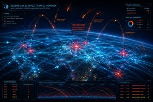 Orbital reentry paths intersecting commercial flight corridors, visualizing probabilistic risk.