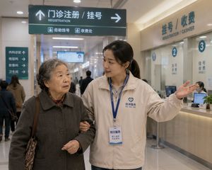 A paid companion escorts an elderly individual through a busy Chinese hospital, providing logistical support.