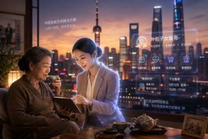 Young adult provides companionship and tech assistance to an older person in China, symbolizing the outsourced children trend.