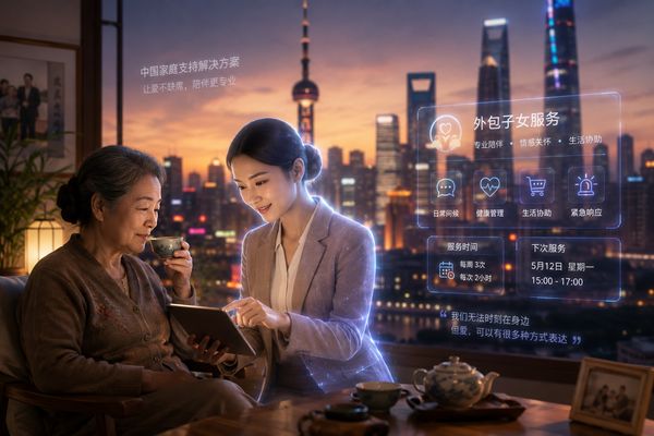 Young adult provides companionship and tech assistance to an older person in China, symbolizing the outsourced children trend.