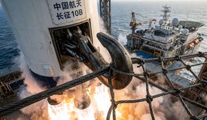 Close-up of Long March 10B hooks engaging with a sea-based net system for recovery.