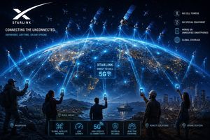 Starlink satellites providing direct-to-cell 5G connectivity to smartphones on Earth.