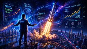 Elon Musk silhouette with SpaceX rocket launch and glowing financial data, symbolizing the trillion-dollar IPO.