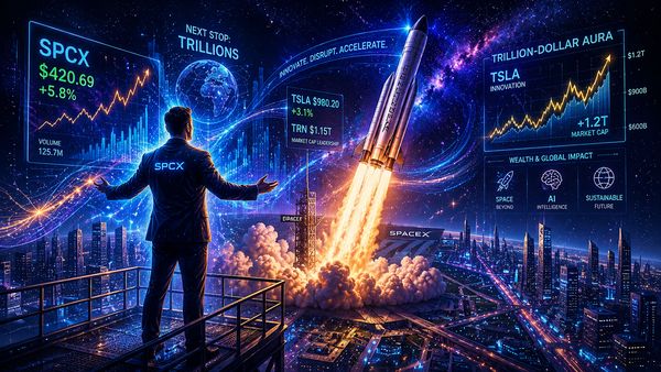 Elon Musk silhouette with SpaceX rocket launch and glowing financial data, symbolizing the trillion-dollar IPO.