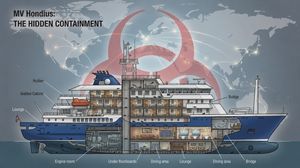Cruise ship cross-section with hidden rodents and biohazard symbol, representing the MV Hondius Hantavirus outbreak.