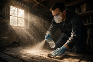 Person with N95 mask and gloves cleaning a dusty shed with disinfectant, illustrating aerosol prevention.