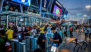 High-tech security with biometric scanning and robot dogs at a 2026 World Cup stadium entrance