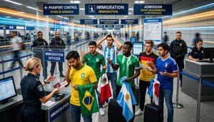 Football fans facing travel restrictions and visa issues at an airport during World Cup