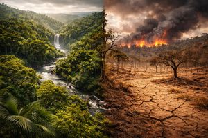 Amazon rainforest undergoing savannization, with one half lush green and the other a dry, cracked, burning savannah.